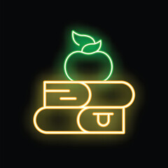 Neon sign illuminating in the dark, representing a stack of books with an apple on top, symbolizing education and knowledge