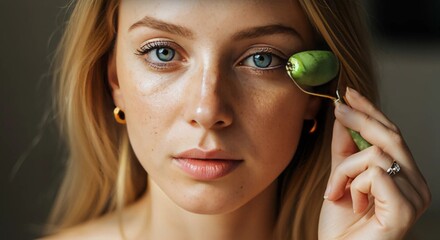 A woman gently smoothing out wrinkles under her eyes using a massage roller, part of her skincare routine to reduce puffiness and enhance skin texture