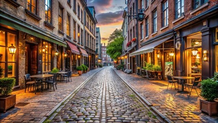 Fototapeta premium Historic cobblestone street lined with shops and restaurants , stone, coventgarden, stone, coventgarden, street