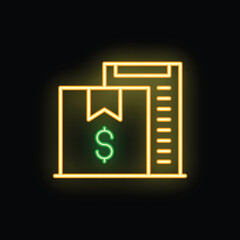 Neon icon glowing on a dark wall representing a package with a dollar sign, representing online shopping and e commerce