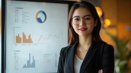 A confident businesswoman stands in front of data charts, showcasing her professional expertise.