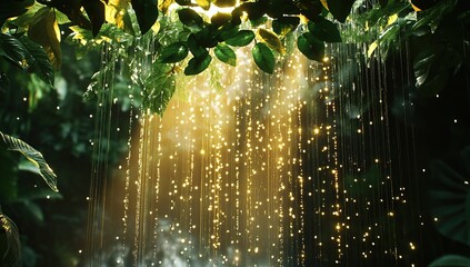 A dreamy rain curtain made of light and green leaves, shimmering with golden rays of sunlight shining