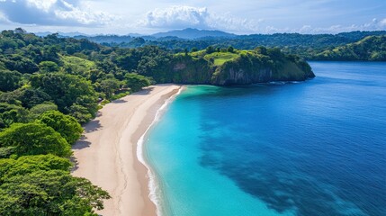 Fototapeta premium Serene Aerial View of a Pristine Tropical Beach with Turquoise Waters, Lush Green Forests, and Majestic Mountains in the Background on a Sunny Day