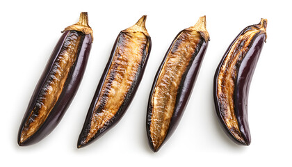 Delicious grilled eggplant slices on white background