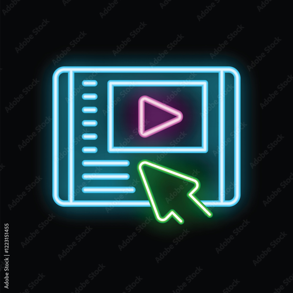 Poster glowing neon icon of a computer mouse cursor clicking the play button on a tablet screen, representi