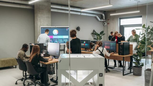 Timelapse of group of people that are working in the modern office together.