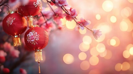Obraz premium Red Chinese lanterns adorned with floral designs, hanging from branches of blossoming pink cherry flowers, set against a dreamy, bokeh-filled background, perfect for Chinese New Year celebrations