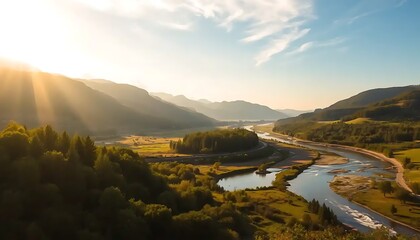 Serene River Valley Sunset Mountain Landscape