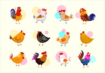 Cartoon chicken, rooster, hen set collection vector illustration. Domestic animal poultry farm character isolated on white background.