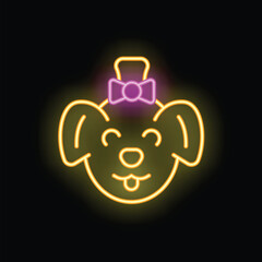 Yellow neon sign of a dog sticking its tongue out, wearing a pink bow on a black background