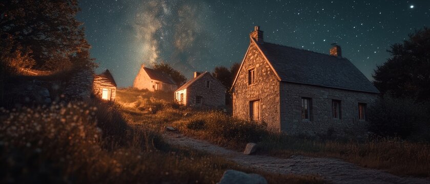 Quaint stone cottages under a mesmerizing starry sky, leading to a cosmic path, create a serene and magical nocturnal village scene.