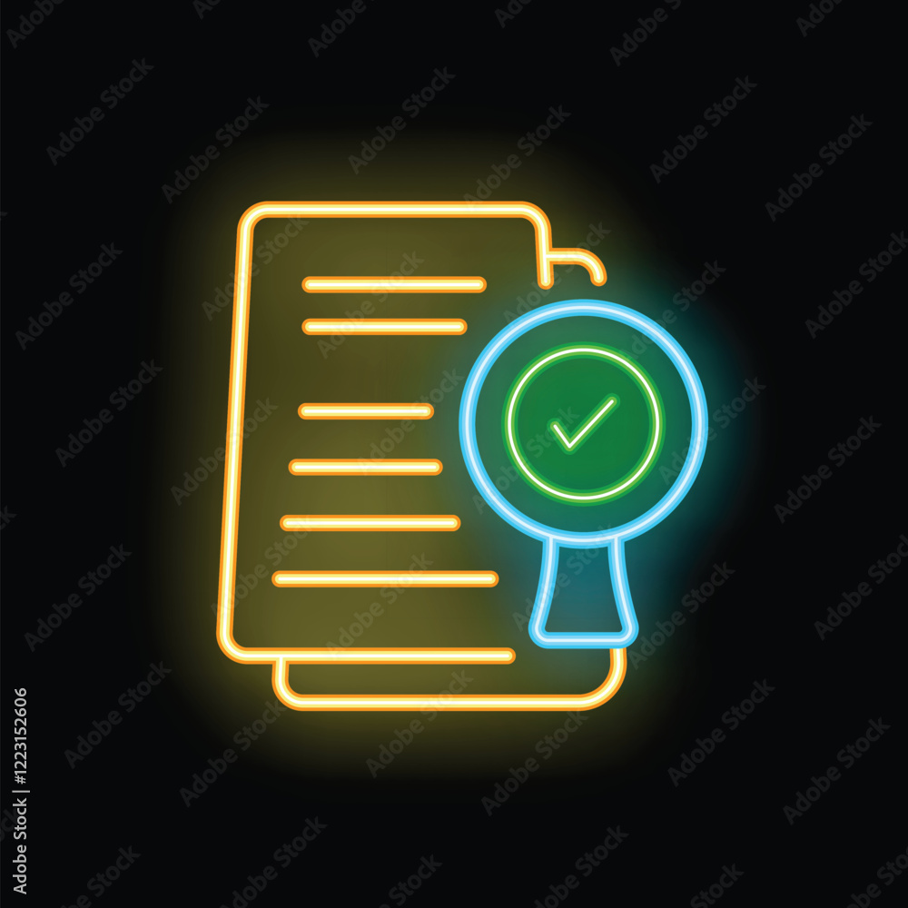 Poster neon magnifying glass hovering over documents with a green check mark symbolizing validation and app