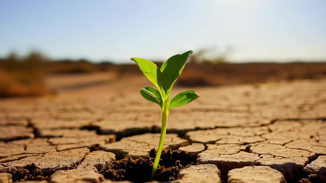 Small green seedling sprouts from parched, cracked earth under a bright sky symbolizing resilience hope and survival amid drought and climate change, representing nature&rsquo;s ability to endure and renew