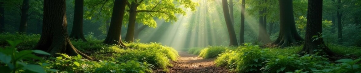 Quiet forest glade with subtle gradations of greens and browns, browns, peaceful, quiet