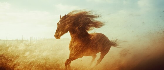 A horse gallops through a sunlit, grassy field, mane flowing in the wind, embodying freedom and grace beneath a wide, open sky.