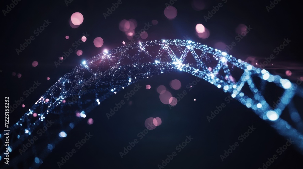 Poster digital illustration of a luminous blue dna double helix rotating on a dark background with pink bok