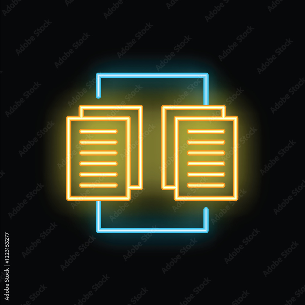 Poster glowing neon icon representing the concept of file sharing and data synchronization