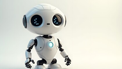 A white robot with glowing eyes stands on a plain background with ample copy space