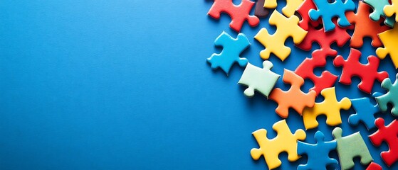 Illustration of colorful puzzle pieces on a dynamic blue canvas, with extensive space left for any written material.