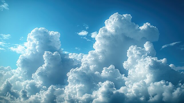 Majestic cumulus clouds billowing in a bright blue sky, creating a serene and uplifting atmosphere