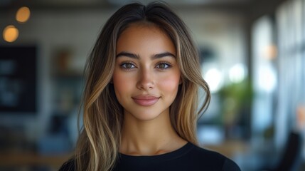 Young woman with long hair smiling confidently in a bright, modern workspace setting
