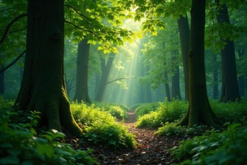 Naklejka premium Quiet forest glade with subtle gradations of greens and browns, gradient, natural