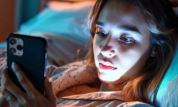 Beautiful woman laying in the bed, switching on her mobile phone, looking at the screen and scrolling through 