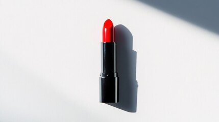 Obraz premium A vibrant red lipstick stands upright, casting a shadow on a white surface.