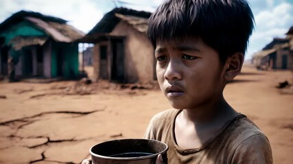 Young boy stands in a barren village, holding an empty container. His expression reveals weight of hardship and longing for water amidst cracked, dry earth. Concert of World Drought