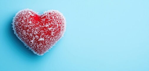 Obraz premium A vibrant red heart covered in frost against a light blue background.
