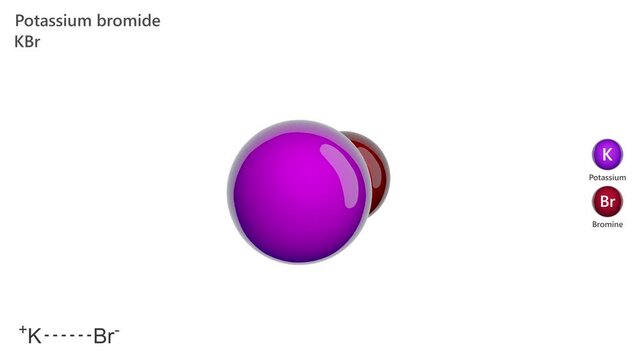 Potassium Bromide. Animated 3D model of a molecule. Molecular formula: KBr. Chemical model: Ball and sticks. White background. 3D rendering. Seamless loop.