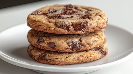 Delicious Stack of Gourmet Chocolate Chip Cookies on White Plate