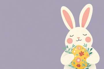 Obraz premium Cute white bunny holding a colorful Easter egg surrounded by flowers, ideal for spring celebrations and holiday themed designs