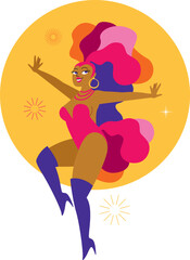 Girl carnival dancer. Beautiful curvy showgirl dancing wearing colorful feather costume.