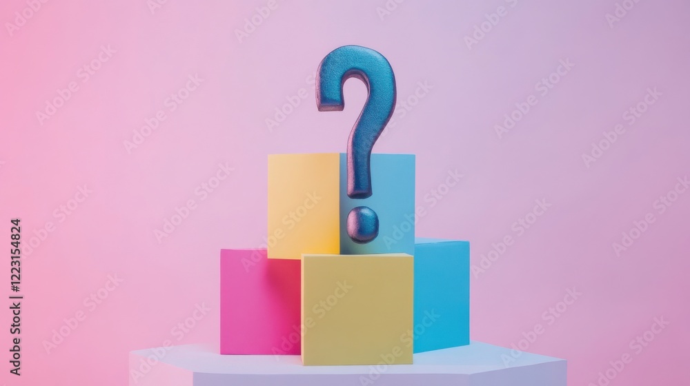 Poster colorful geometric blocks with a large question mark symbolizing inquiry in a vibrant setting