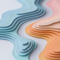 Abstract layered pastel shapes in blue, orange, and pink tones create flowing, artistic composition