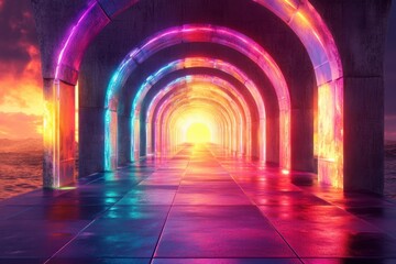 Vibrant Archway Leading to a Bright Light at Sunset over Water