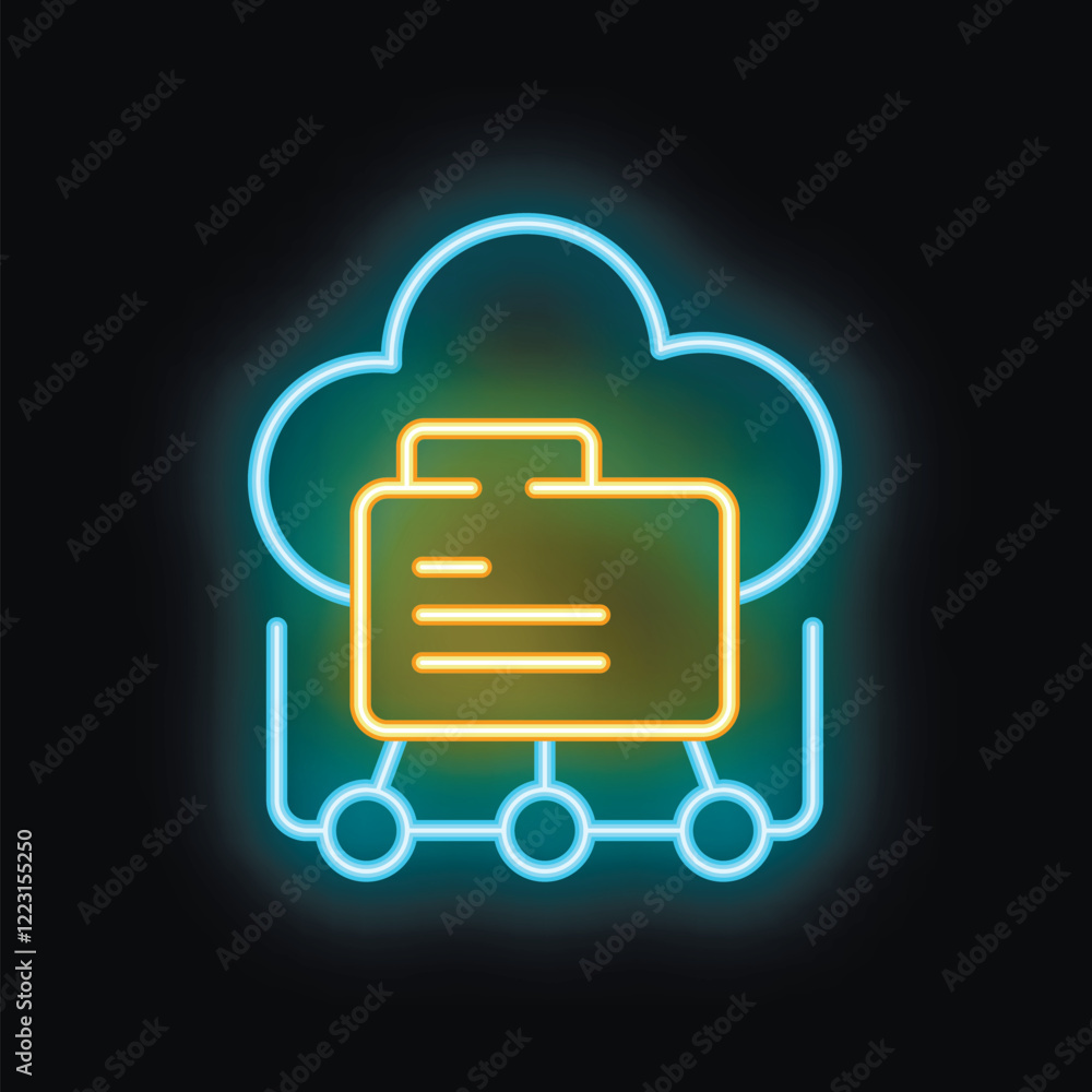Poster neon glowing icon of folder data sharing over cloud network on a black background
