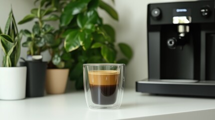 Freshly Brewed Espresso Shot in Clear Glass with Coffee Machine