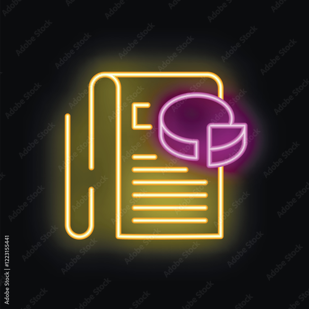 Poster glowing neon line icon of a document with data analysis, representing a business report