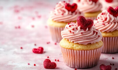Cupcakes with pink frosting and red sugar hearts decorations, Valentine day concept