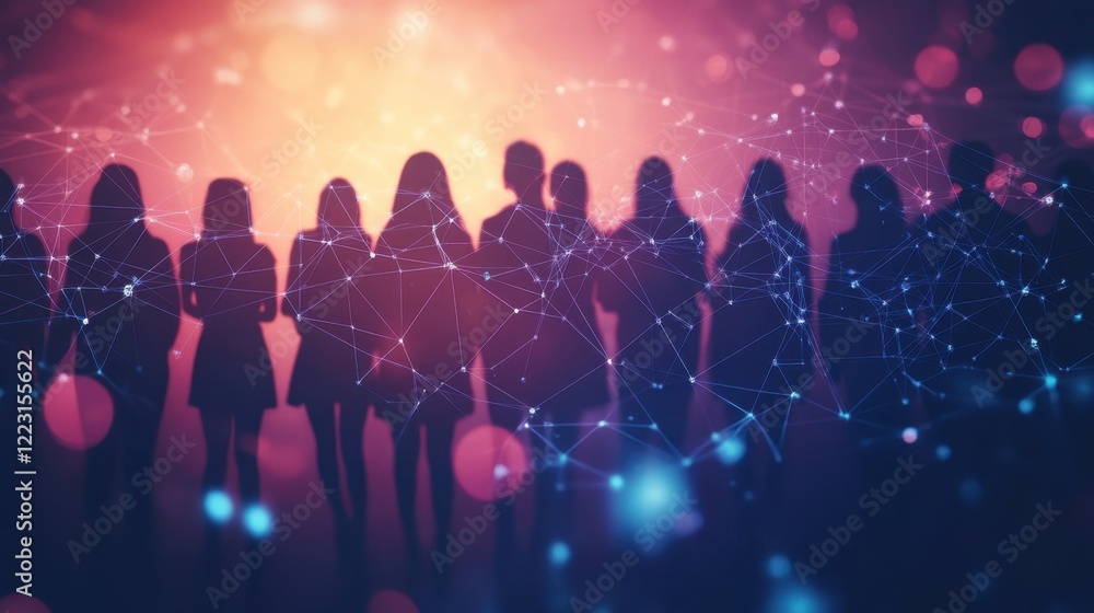 Poster a network of interconnected light beams forming the silhouette of a diverse group of students illust