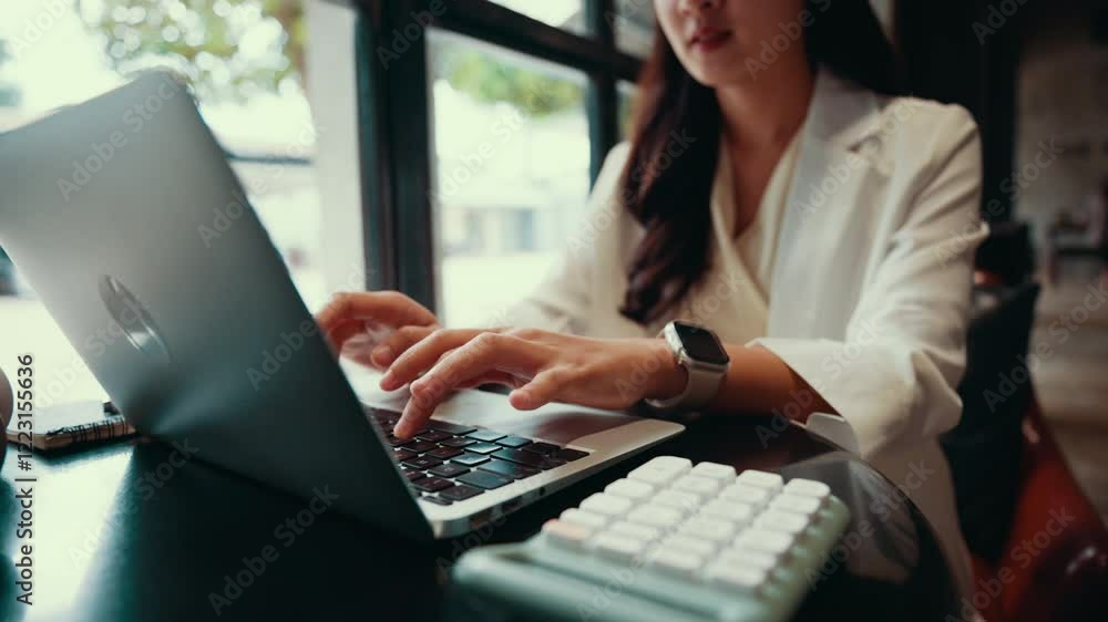 Poster Professional businesswoman working diligently at window-side cafe table, typing financial data on laptop while using calculator in modern workspace environment