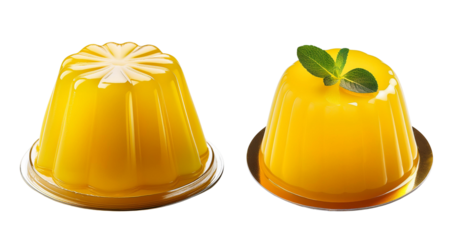 Vibrant yellow jelly desserts with mint garnish on a white background.