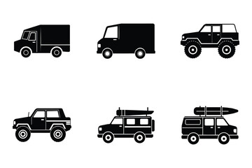 Flat vector silhouette bundle of trucks isolated on white