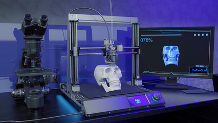 The 3D illustration shows a 3D printer at work, creating a human skull for scientific research and education