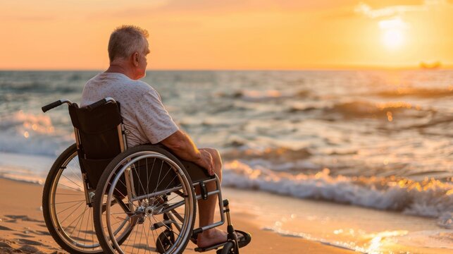 Elderly Man in Wheelchair Watching Ocean Sunset on Sandy Beach  
