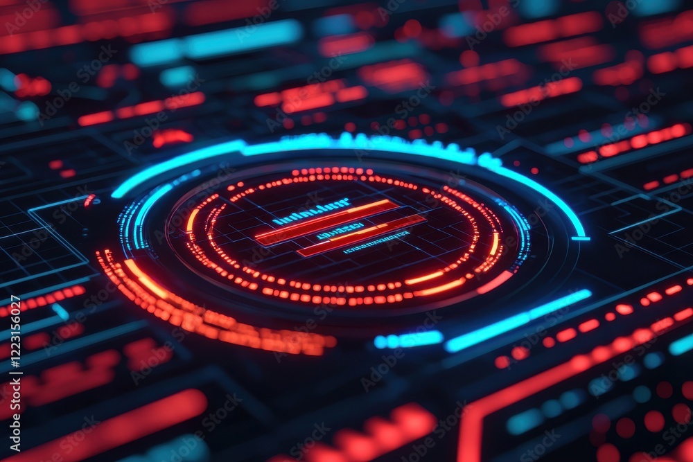 Poster a vibrant, futuristic digital interface featuring glowing blue and red elements arranged in a circul