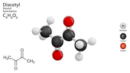 Molecule: Diacetyl or Biacetyl. Flavoring agent. Molecular structure. Formula: C4H6O2. Chemical model: Ball and stick. White background. 3D illustration.