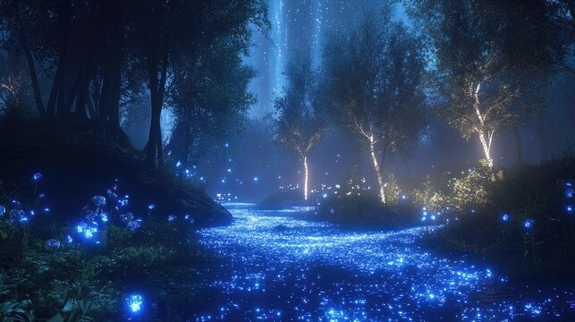 Mystical forest illuminated by glowing blue lights, creating enc